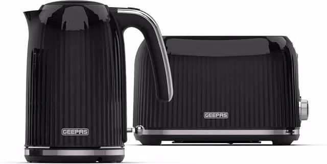 Geepas Fluted Kettle and 2-Slice Toaster Set in Black