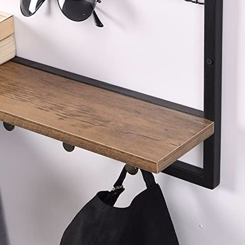 SPOT ON DEALZ Industrial Rustic MDF Wall Mounted Shelf with Black Metal Wire Frame and Hooks, W: 63 cm, H: 35 cm, D: 16.6 cm – 5