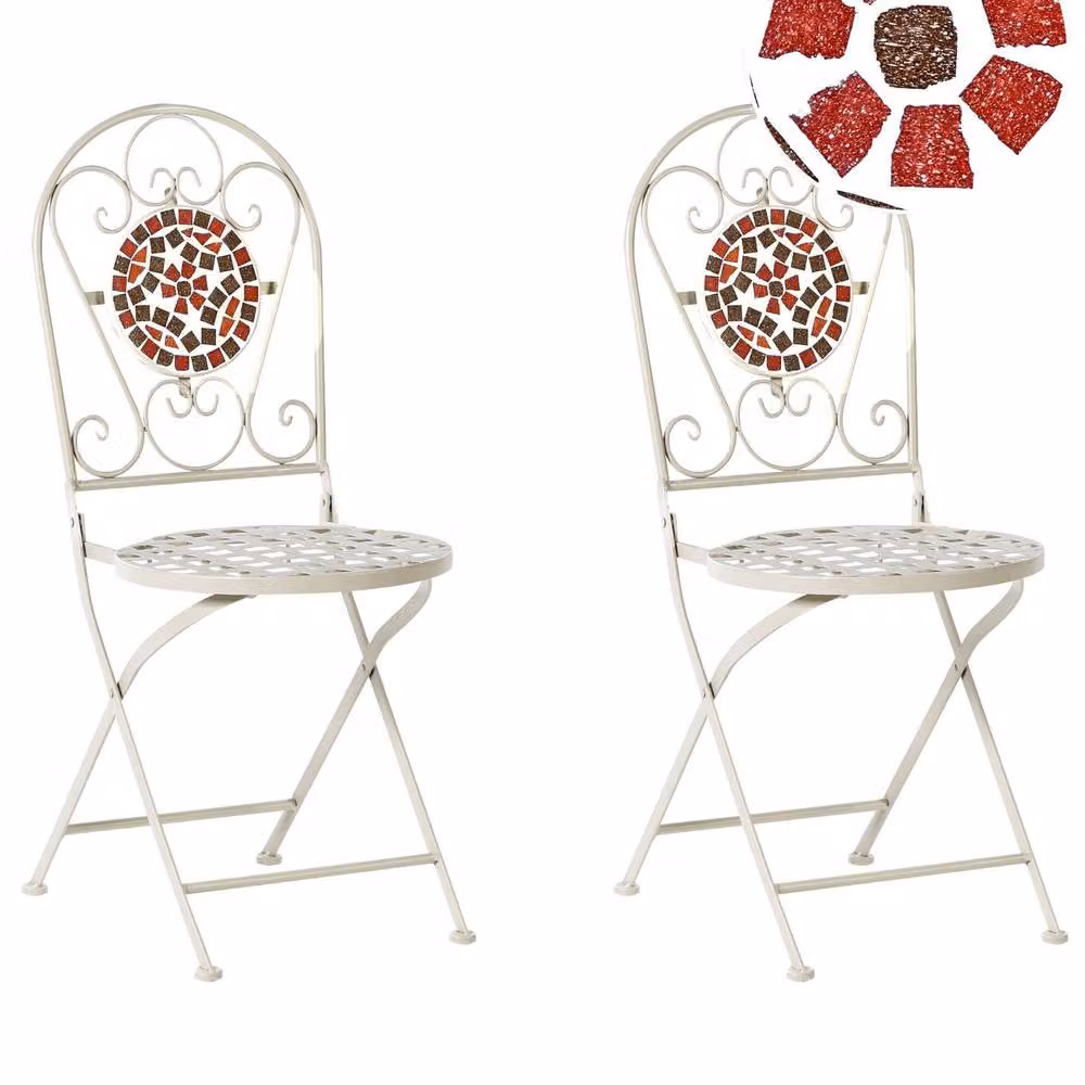 Wyld and Coco Set of 2 White Metal Folding Garden Chairs with Geometric Mosaic Backrest, H 94 cm x W 44 cm x D 40 cm – 2