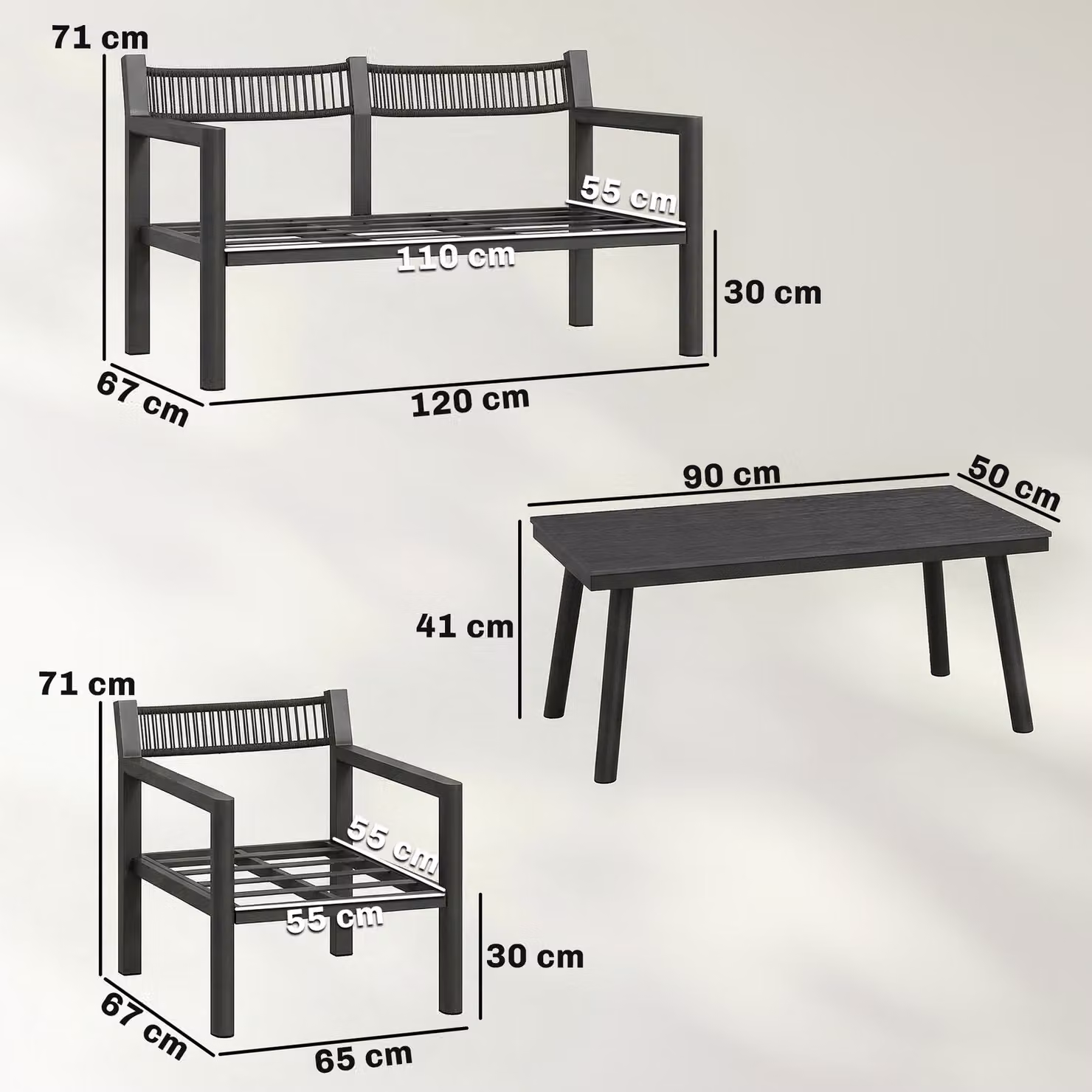 Outsunny 4 Seater Rattan Garden Furniture Set with 2 Armchairs, 2 Seater Sofa, and Coffee Table in Dark Grey – 3