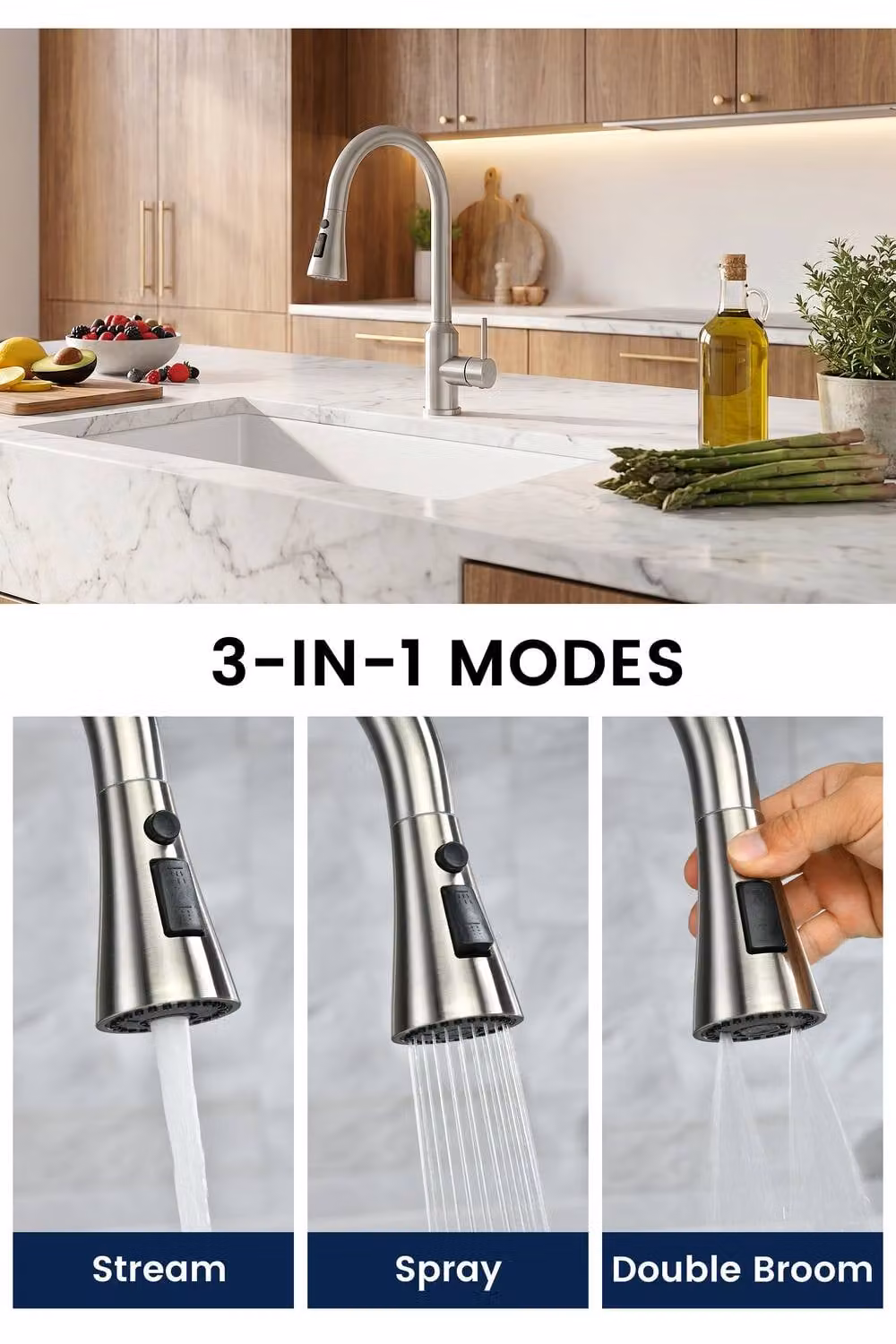 JANLEMNY Stainless Steel Pull Out Kitchen Mixer Tap with 2 Spray Modes in Silver – 2