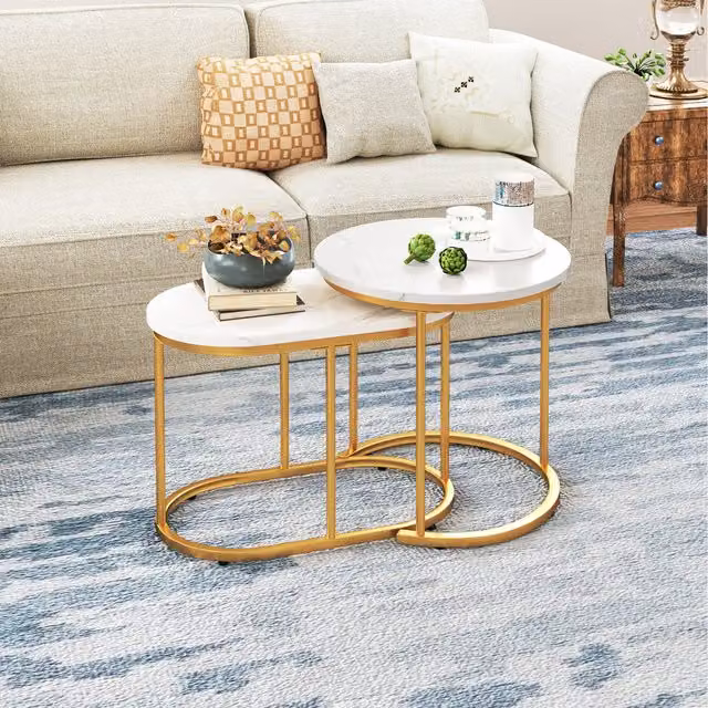 Costway Set of 2 Modern Round Nesting Coffee Tables with White Marble Tops and Gold Metal Sled Bases