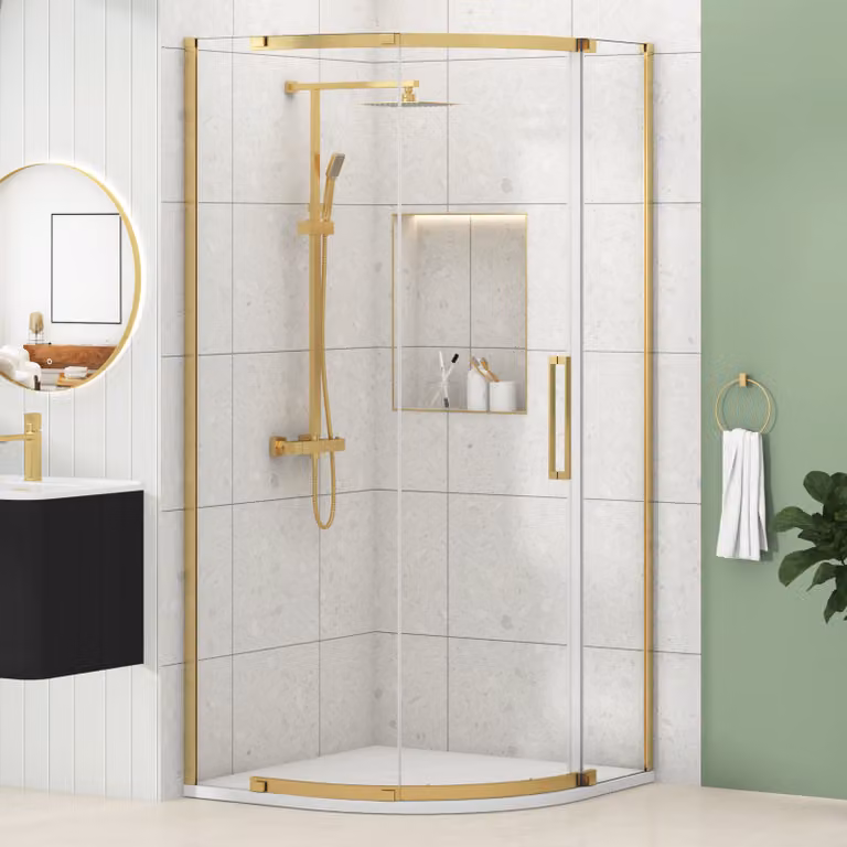 Royal Bathrooms Chelsea Single Door Quadrant Shower Enclosure with White Mineral Cast Stone Tray, 8mm Easy Clean Glass, Brushed Brass