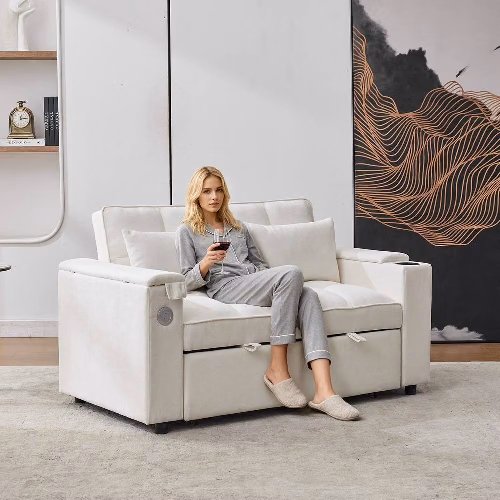 BTM 2-Seater Click Clack Sofa Bed in White with Cup Holders and USB Ports – 2