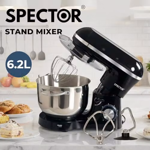Spector Stand Mixer with 6.2L Stainless Steel Bowl, 1400W Motor and 6 Speeds with Pulse Function in Black – 10