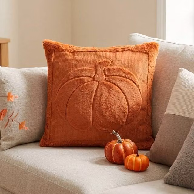 Garden Greatness Harvest Fall Plump Pumpkin Cushion in Orange Velvet and Fleece