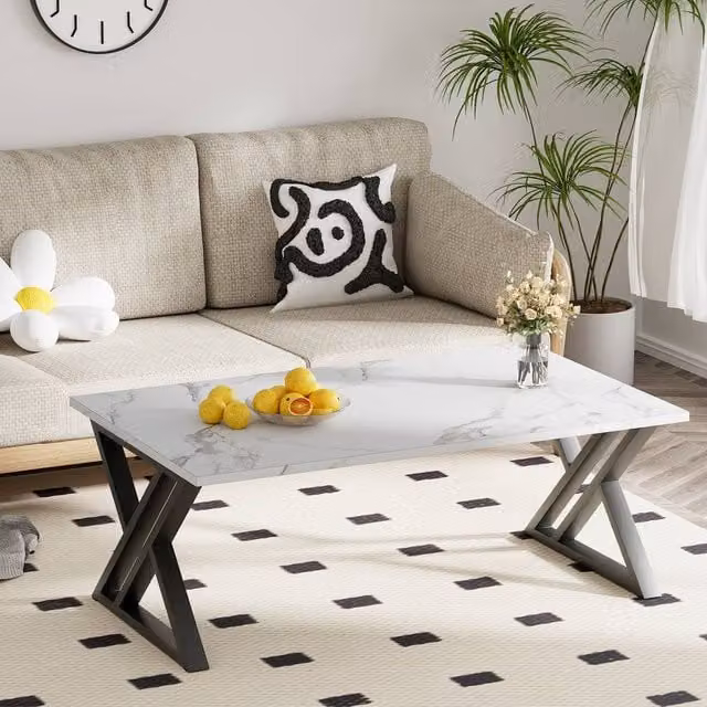Huhote Rectangular Coffee Table with Metal Frame and Composite Top in White and Multicolour