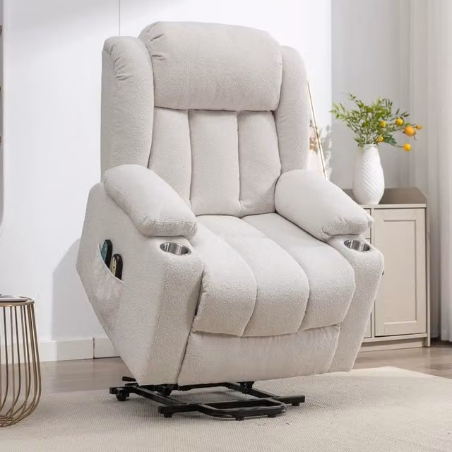 Artemis Home Lovell Electric Lift Assist Riser Recliner TV Chair in Beige and White Bouclé Fabric