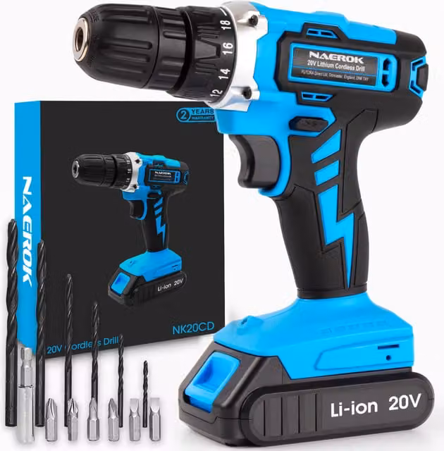 Naerok 20V Cordless Electric Screwdriver and Drill with Rechargeable Battery in Blue and Black