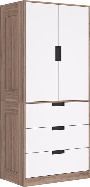 HOMCOM Modern 2 Door Wardrobe with 3 Internal Drawers and Hanging Rod, Brown