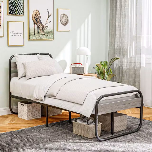 HOMCOM Metal Platform Bed Frame with Storage in Grey, W 180 x D 200 cm