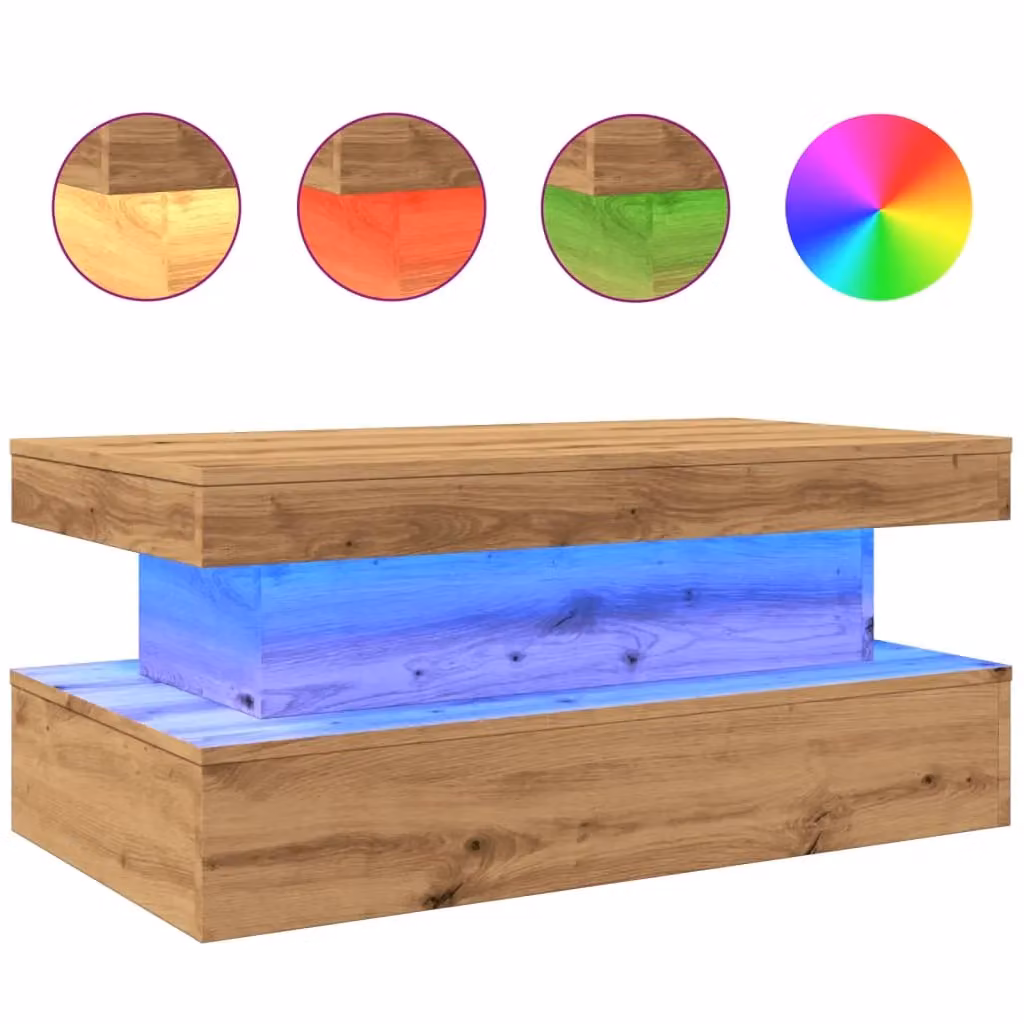 Berkfield Home Artisan Oak Coffee Table with LED Lights in Brown, W: 90 cm, D: 50 cm, H: 40 cm – 2