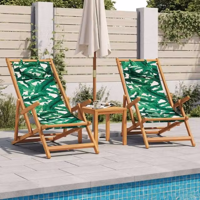 Berkfield Home Set of 2 Folding Beach Chairs with Floral Fabric and Treated Hardwood Frame in Green, Brown and Multicolour