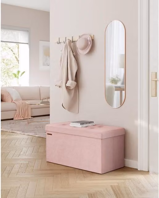 SONGMICS Medium Foldable Storage Ottoman Foot Rest Cube in Light Pink Velvet