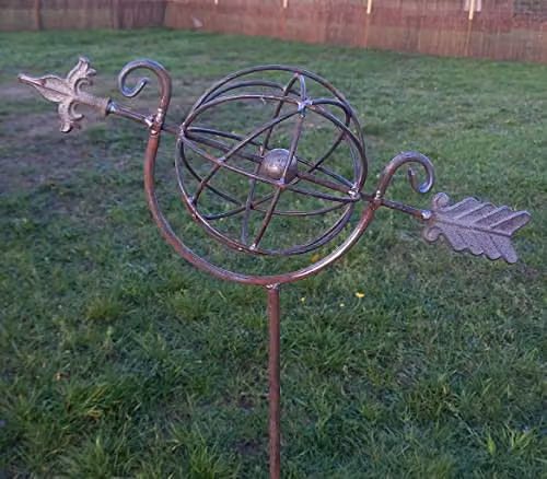 Inspirational Gifting Decorative Armillary Metal Garden Plant Stake and Ornament in Grey and Bronze, Height: 150 cm