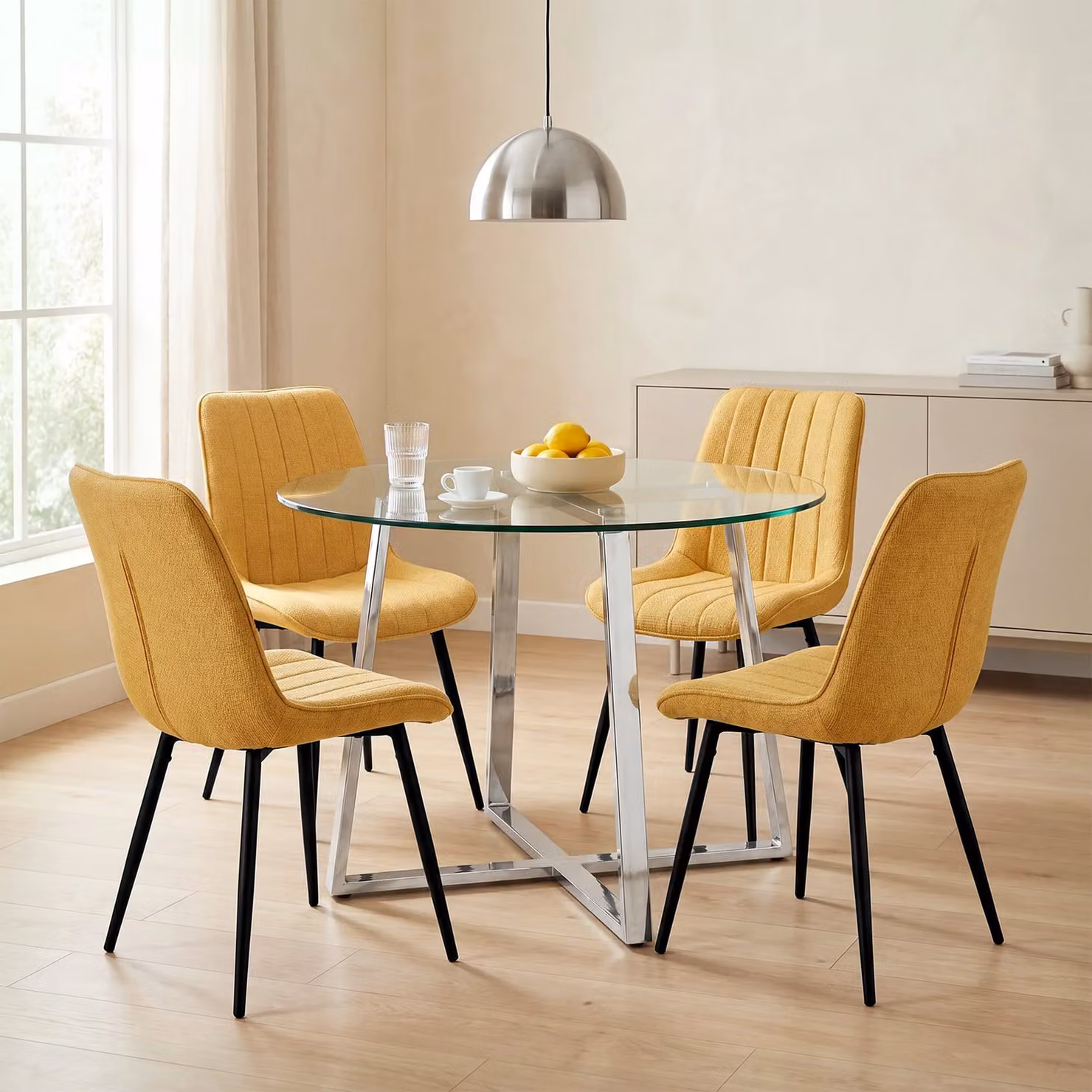 Kyvon Round Glass Dining Table Set with 4 Chairs in Yellow