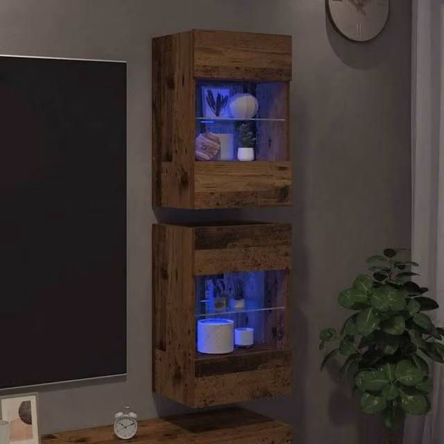 Berkfield Home Set of 2 Rustic Brown Wall Mounted TV Cabinets with Integrated LED Lights, W/D/H: 40 x 30 x 60.5 cm – 1