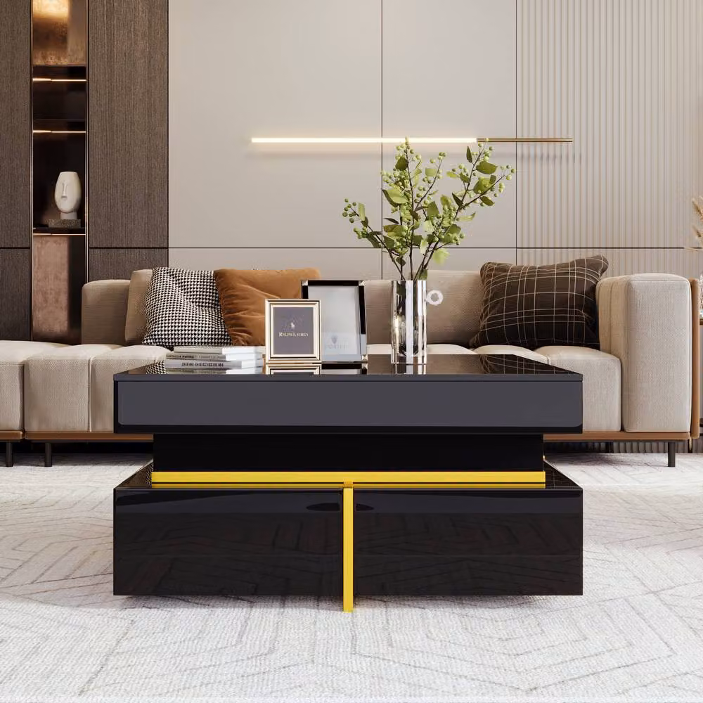 BTM High-Gloss Side Table with Drawer and Gold Accents in Black, W/D/H: 35.5 x 26.2 x 70 cm – 4