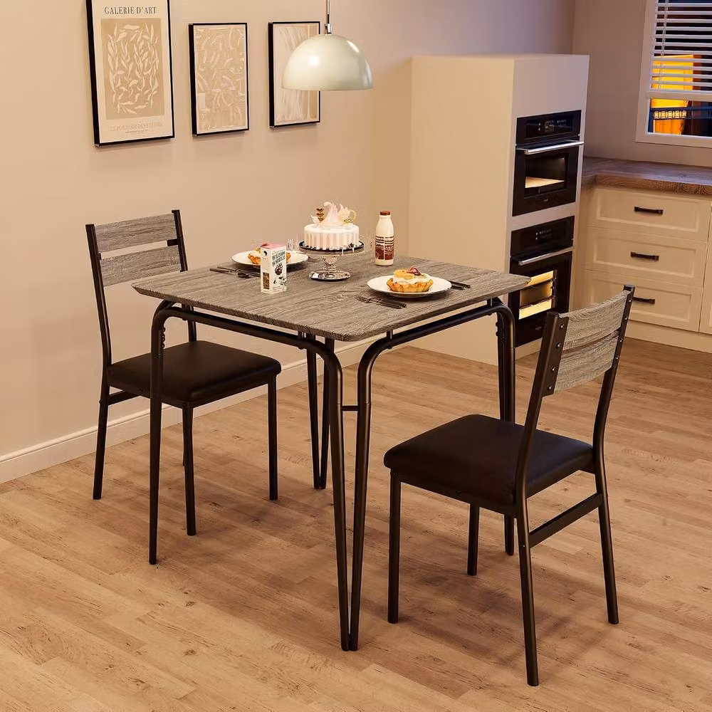 London Boutique 3-Piece Modern Wooden Kitchen Dining Table Set with 2 Grey Upholstered Chairs – 4