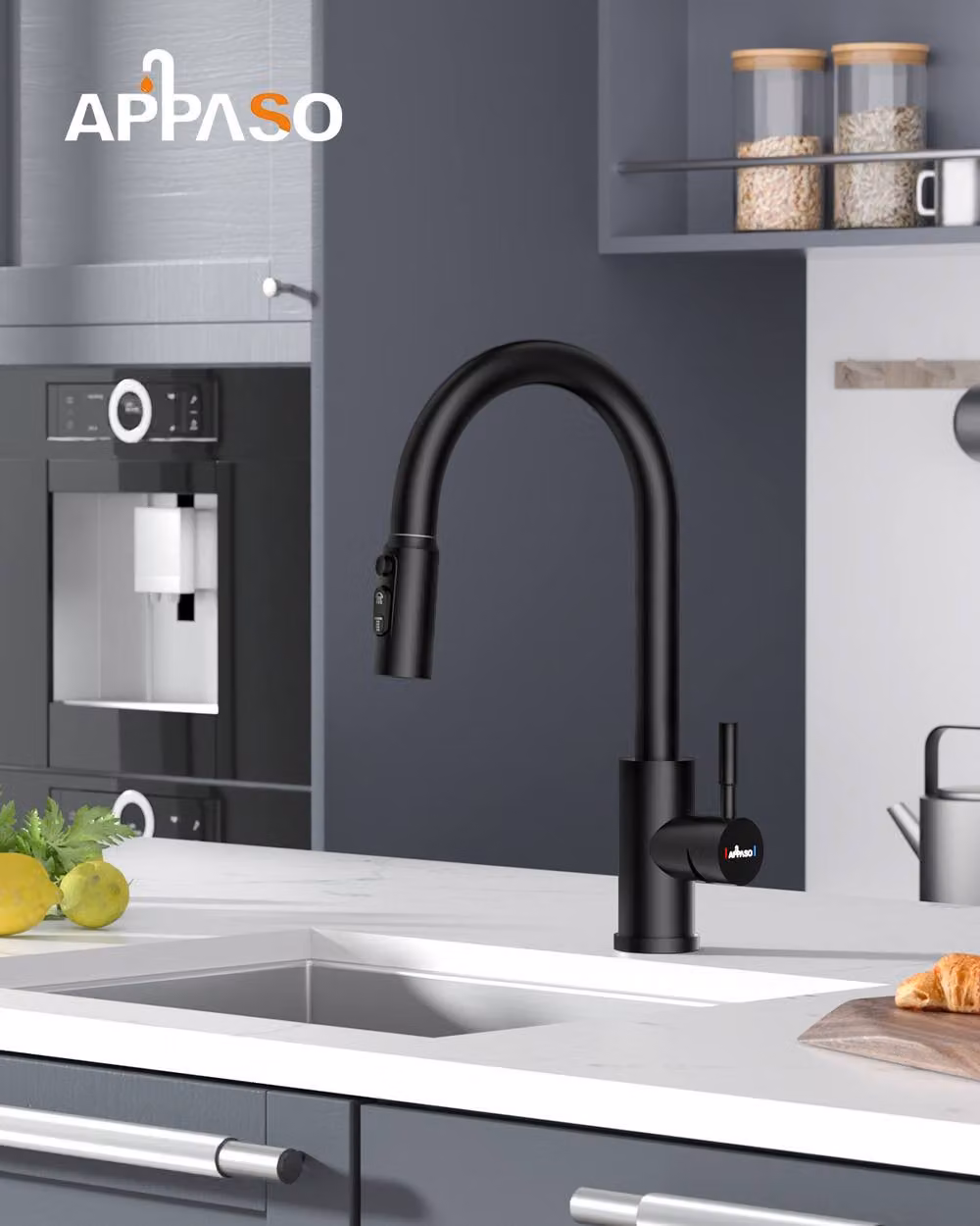 Appaso Black Stainless Steel Kitchen Mixer Tap with Single Lever and Pull Out Spray Spout – 2