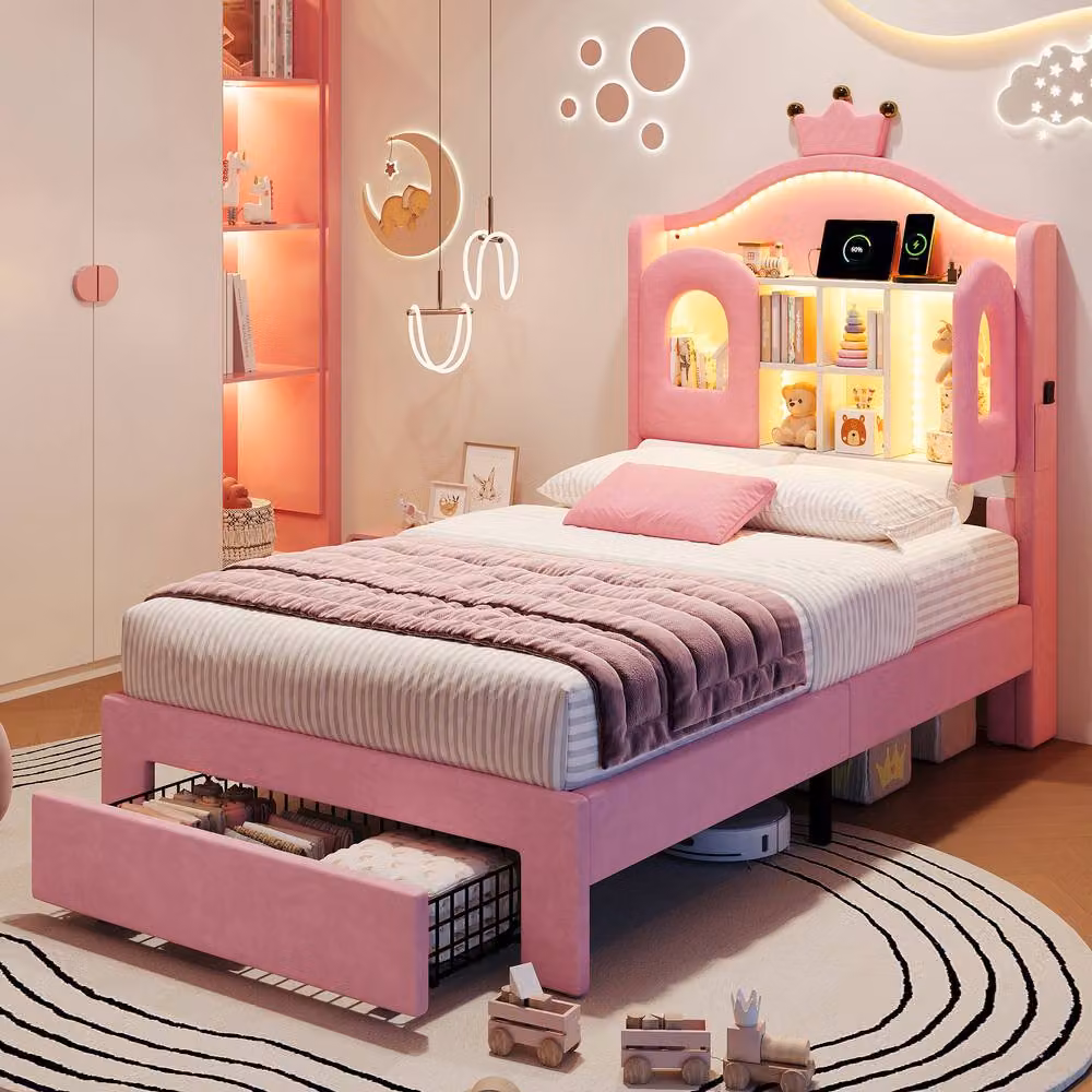 BTM Single Velvet Bed with Wavy Headboard, USB Charging Port and Drawers, Pink, W/D/H: 90 x 190 cm – 2