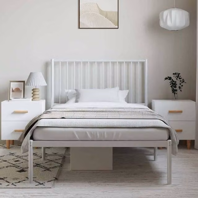 Berkfield Home Metal Bed Frame with Headboard in White, W/D/H: 100 x 200 cm