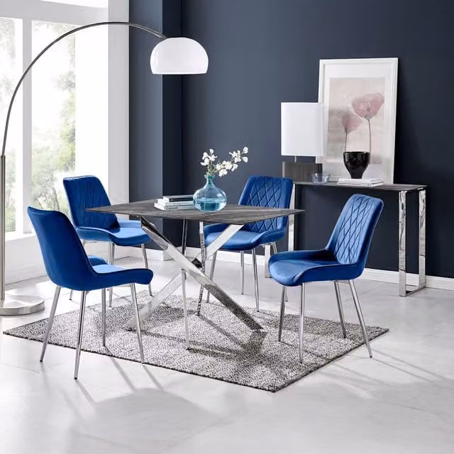 FurnitureboxUK Leonardo Grey Glass Marble Table and 4 Pesaro Navy Chairs with Silver Legs