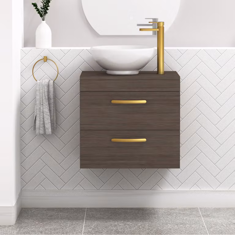 Royal Bathrooms 600mm Wall Hung 2 Drawer Vanity Unit in Grey Elm with Breeze Countertop Basin and Brushed Brass Handle