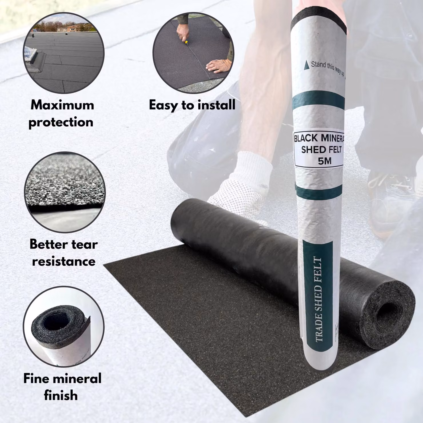 Novecrafto Heavy-Duty Mineral Shed Roofing Felt, Standard Grade, Black, W: 1 m, L: 5 m – 2