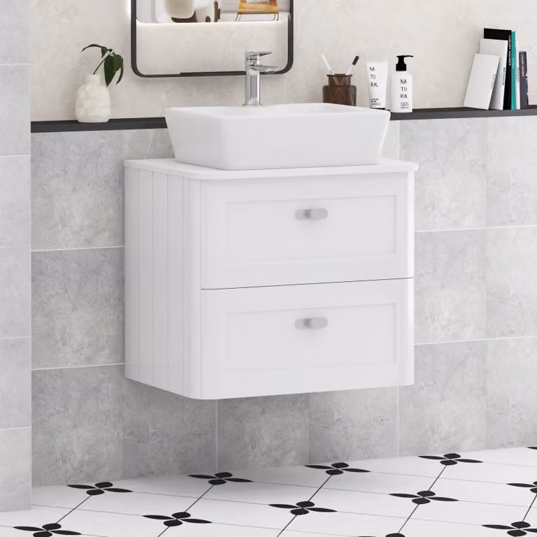 Royal Bathrooms Henley 600mm Gloss White Wall Hung 2 Drawer Vanity Unit with Plain White Worktop and Chrome Knob