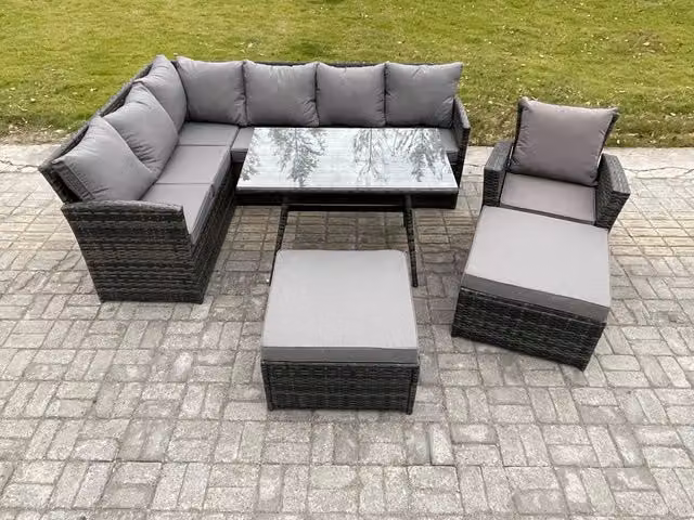Fimous Dark Grey Rattan Garden Furniture Set with Corner Sofa, Oblong Dining Table and Armchair