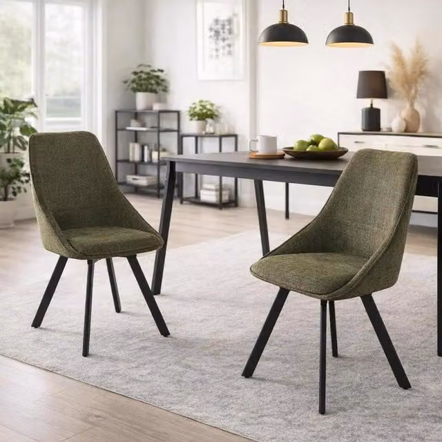 FWStyle Pack of 2 Modern Swivel Dining Chairs in Green Fabric with Black Matt Metal Legs