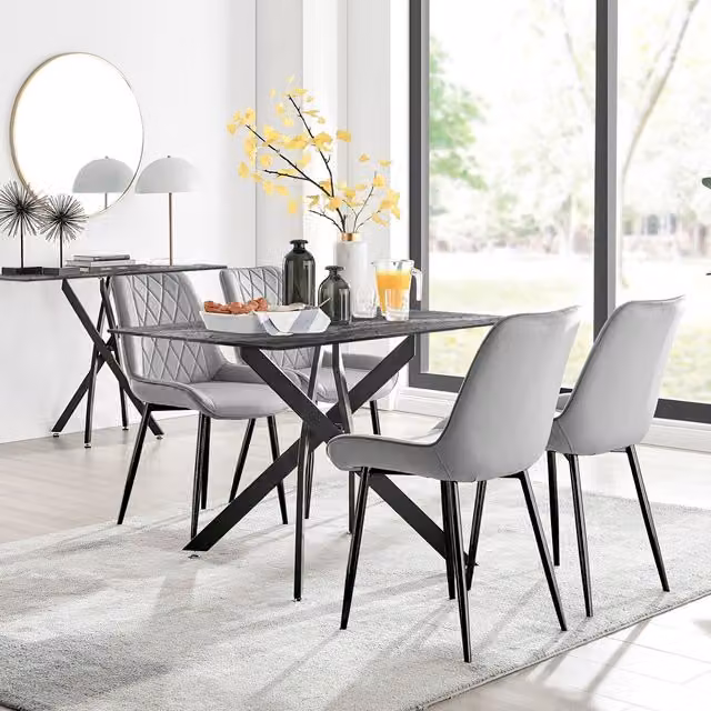 FurnitureboxUK Leonardo Grey Glass Marble Effect Rectangular Dining Table and 4 Pesaro Black Leg Chairs Set