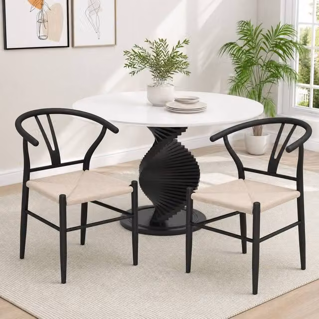 STILVORA Set of 2 Mid-Century Dining Chairs with Black Paper Rope Woven Seats and Armrests
