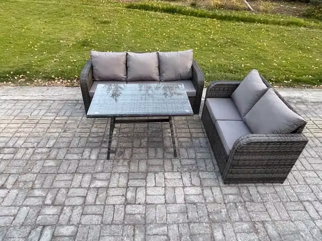 Fimous High Back PE Rattan Garden Furniture Set with 3 Seater Sofa and Dining Table in Dark Grey