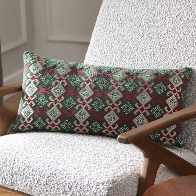 Paoletti Seventy Three Laurel Embroidered Velvet Boudoir Cushion in Cerise and Jade, W: 60 cm, H: 30 cm, D: 30 cm