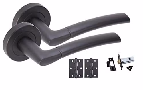 Golden Grace Indiana Latch Door Handles on Rose in Matt Black Finish