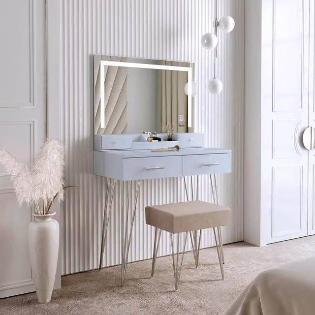 CARME HOME Sophia White Dressing Table with Touch Sensor LED Mirror in Grey – 1