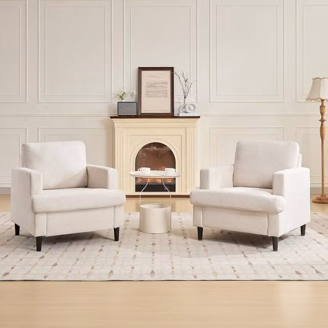 London Boutique Set of 2 Modern Mid-Century Accent Armchairs in Beige Linen Upholstery with Solid Wood Frame
