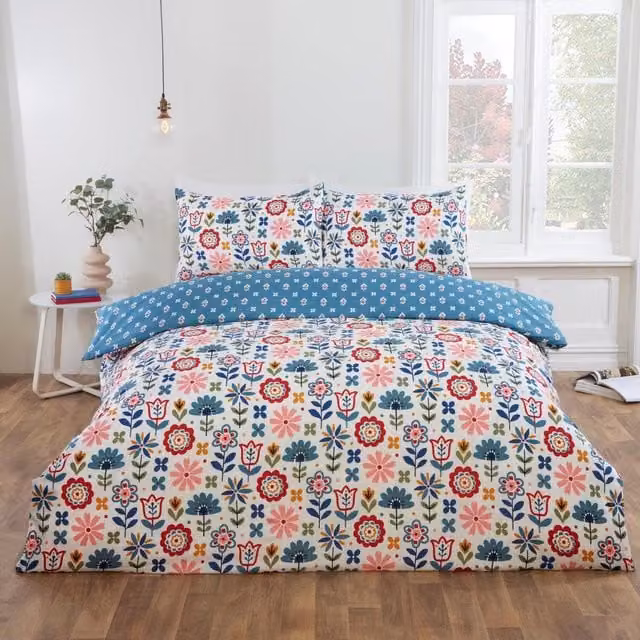 Rapport Home Reversible Blue Floral Microfibre Duvet Cover and Pillowcase Set, W: 180 cm, L: 200 cm
