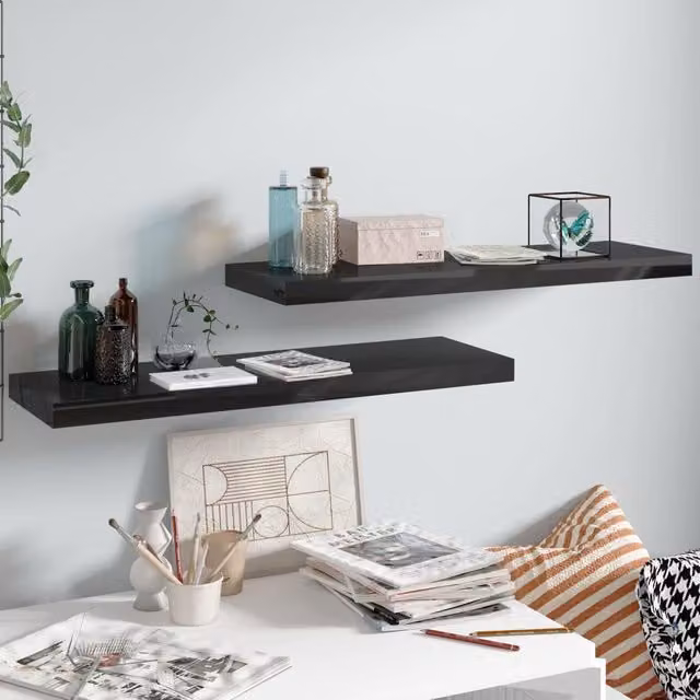 Berkfield Home Set of 2 High Gloss Black Floating Wall Shelves, W/D/H: 80 x 23.5 x 3.8 cm – 1