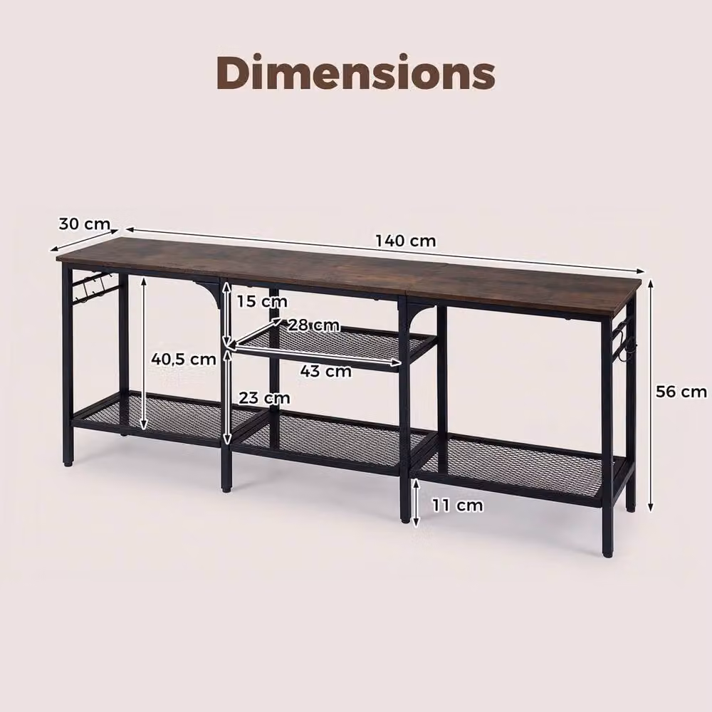 FORGEVIO Industrial Media Console Table in Brown with Metal Mesh Shelves and 4 Hanging Hooks, W: 140 cm, D: 56 cm, H: 300 cm – 2