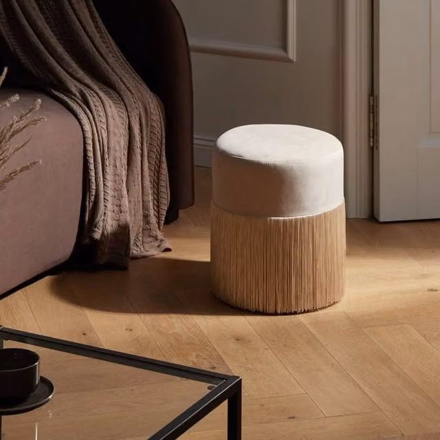 Wyld and Coco Beige Velvet Round Ottoman Pouffe with Tassels