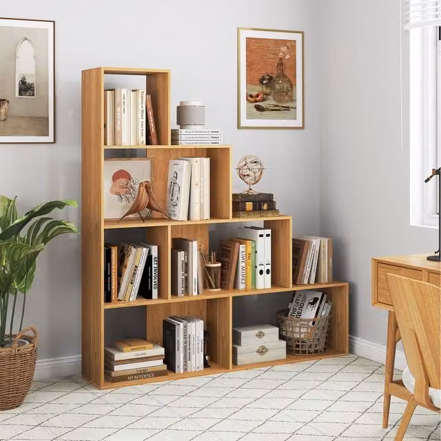 COSTWAY 4-Tier Modern Geometric Stepped Bookshelf in Brown