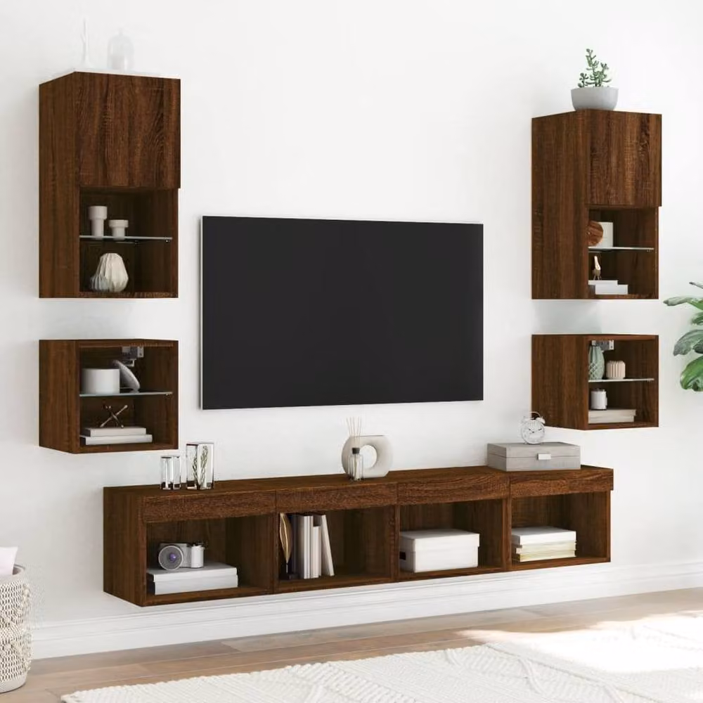 Berkfield Home Set of 2 Modern TV Wall Cabinets with LED Lights in Brown Oak, W/D/H: 30 x 28.5 x 30 cm – 3