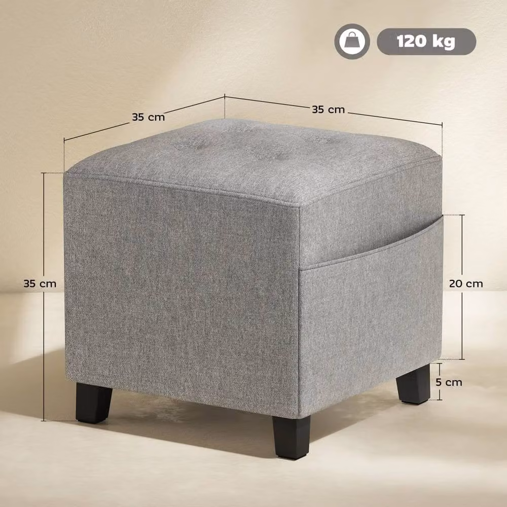 Wyld Haus Light Grey Linen Look Compact Square Footstool with Side Pocket and Black Legs W/D/H: 35 x 35 x 35 cm – 3