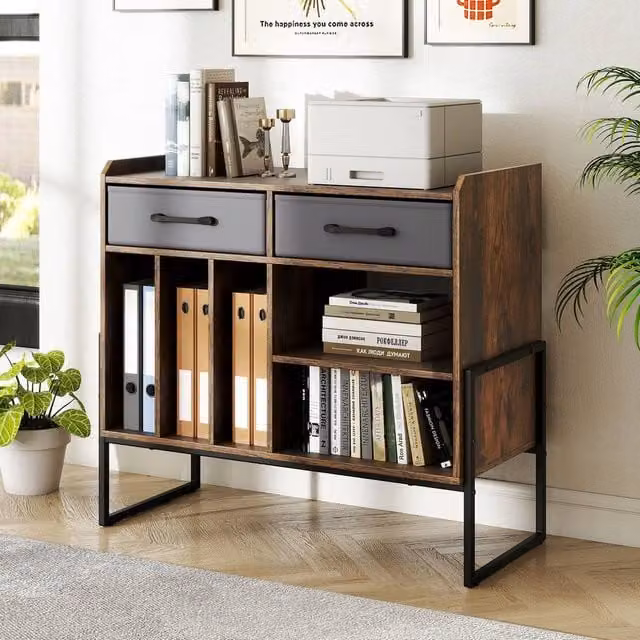 Costway Industrial Record Player Stand with Charging Station and 2 Drawers, Brown Vinyl Storage Cabinet – 1