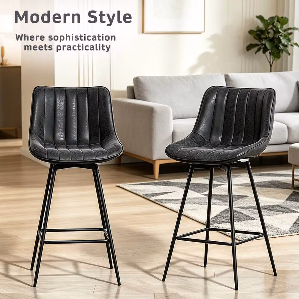 ERGOVEXA Set of 2 Black PU Leather Swivel Bar Stools with Backrest – 3