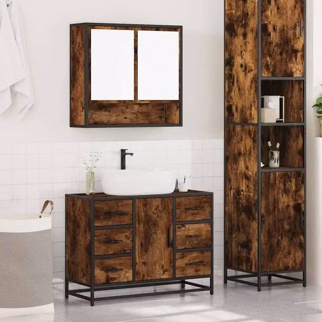 Berkfield Home 2 Piece Industrial Bathroom Furniture Set in Brown Smoked Oak with Mirror Cabinet and Vanity Unit – 1