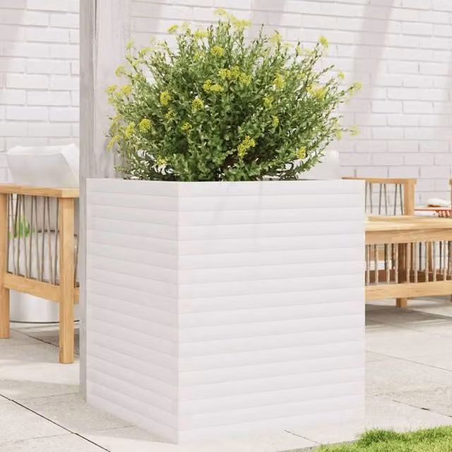 Berkfield Home White Solid Wood Pine Garden Planter Tub W: 60 cm, D: 60 cm, H: 68.5 cm